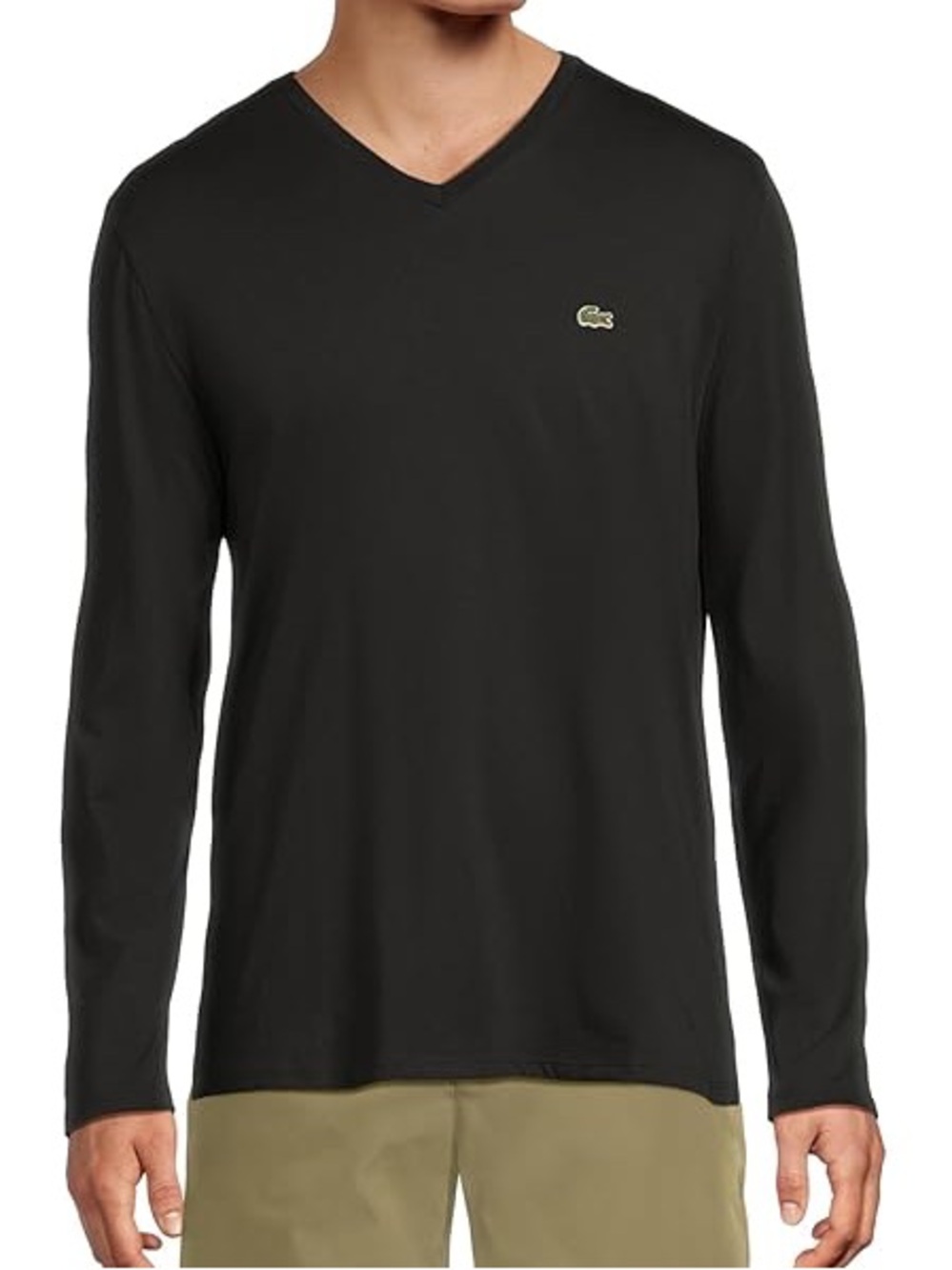 Lacoste Long Sleeve Pima Jersey Black V-Neck Logo T-Shirt